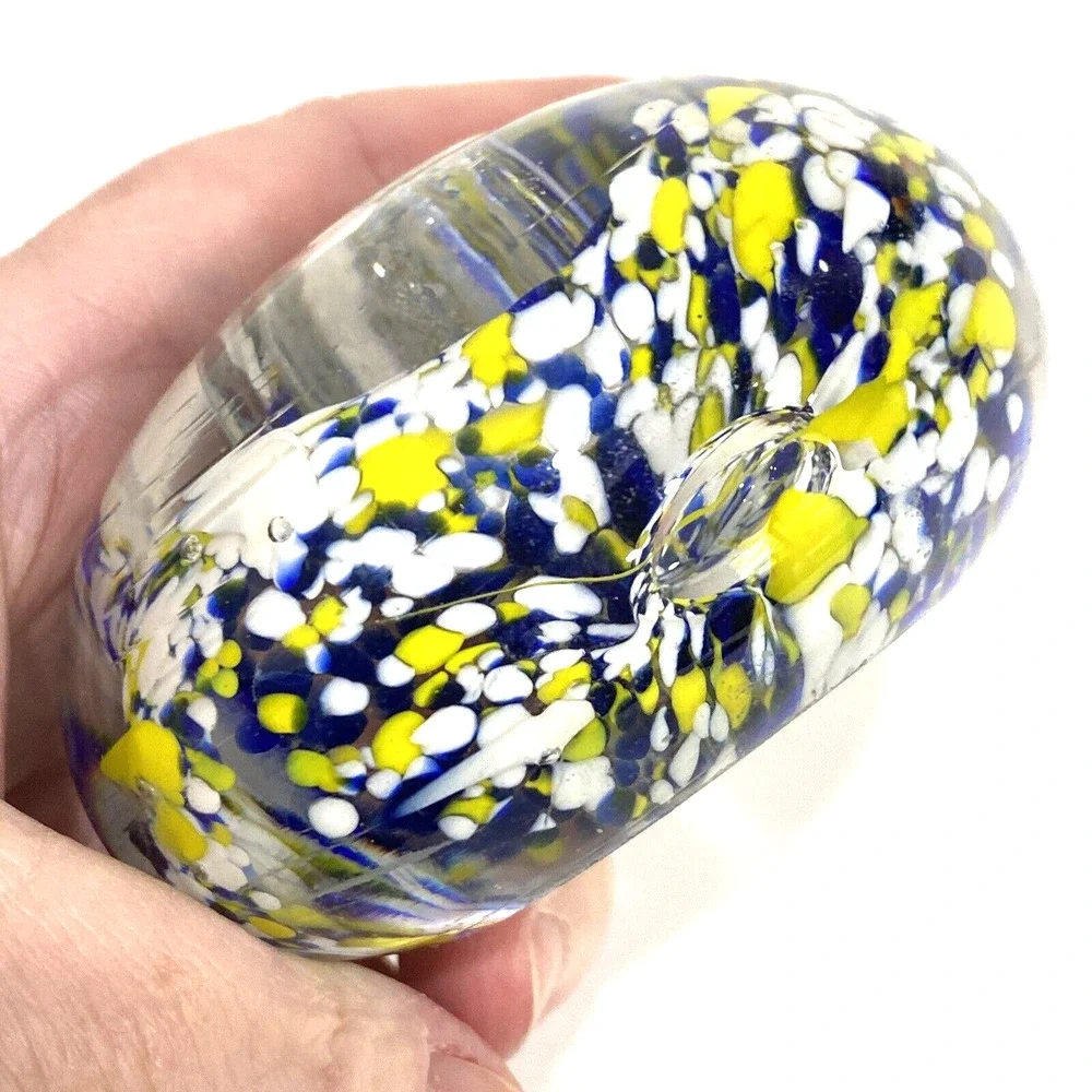 Vintage art glass candle holders pair (2) royal blue yellow white flower bubble